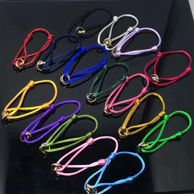 Pulseira de aço inoxidável quente da moda, designer de 3 anéis com fivela de metal, fita de renda, corrente multicolorida, tamanho ajustável, pulseira feminina e masculina