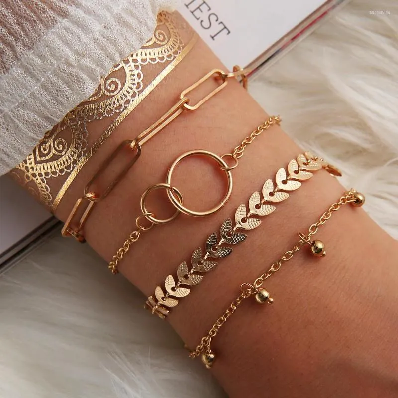 Lien Bracelets Bohemian Gold Plate Bracelet À Main Pour Les Femmes Boho Géométrie Feuilles Perles Layered Charms Mode Bijoux De Mariage Cadeau