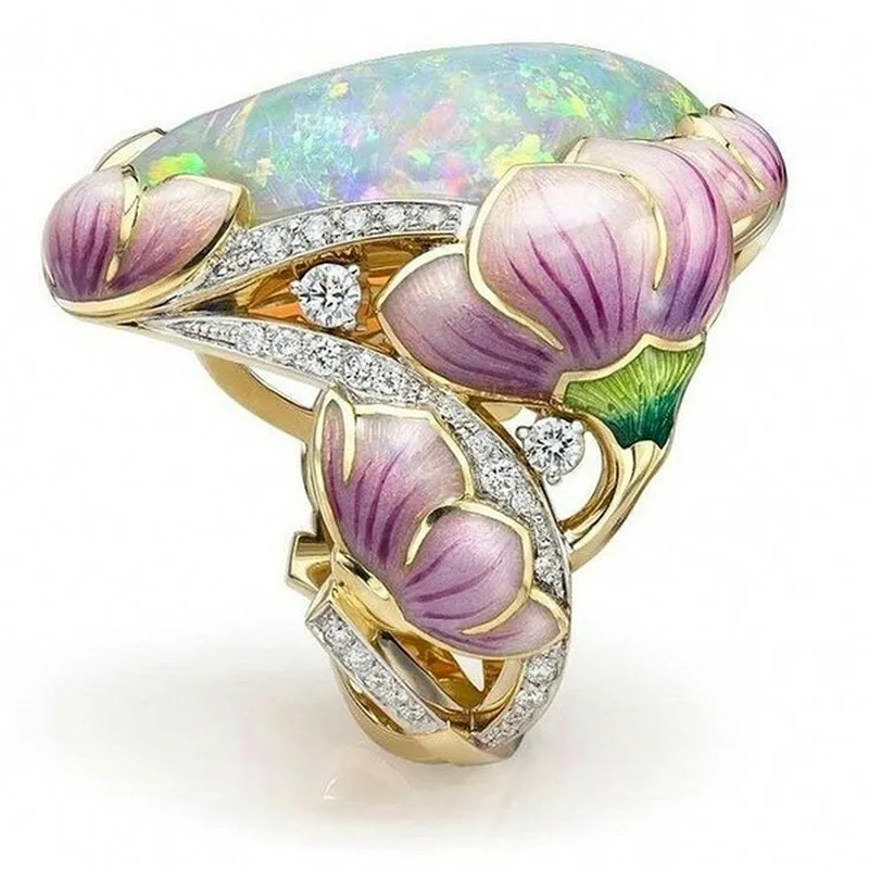 Délicat mode or couleurs bague florale lavande Fuchsia Lotus émail ovale coupe feu pierre bagues de fiançailles de mariée pour les femmes