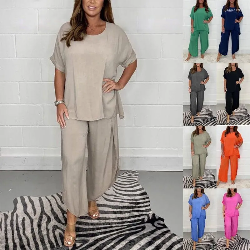 Summer Chic: Womens Floaty Two Piece Pants And Plus Size Linen Trousers Set  With Loose Fit And Short Sleeves For Casual Outfits From Jaggerjazzyy,  $21.43