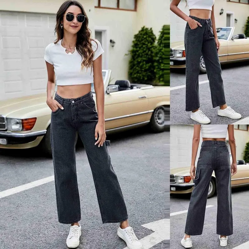 Pantalones vaqueros Vintage para mujer, pantalones largos con cremallera, cintura alta, vaquero, pierna recta, longitud completa, vida diaria, ropa de los años 90