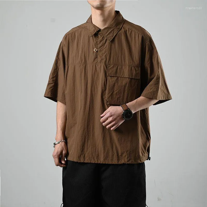 Herrpikétröjor sommar i japansk stil Vintage kortärmade pikétröjor för män Fritidsmode Harajuku All-match Oversized parkläder Brun Blå