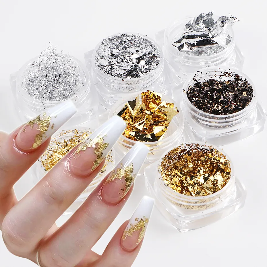 Nail Glitter 7 Dozen Aluminium Nail Flakes Folies Set Goud Zilver Onregelmatige Paillette Nail Art Pailletten Decoraties Glitter Sticker voor Manicure 230705