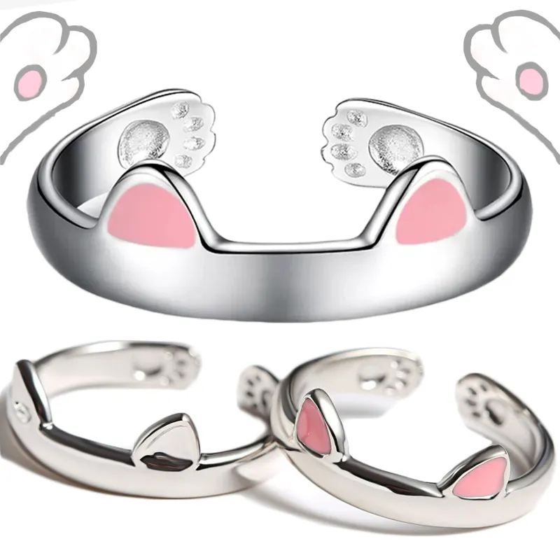 Cute Cat Ring Adjustable Cat Ears Paw Wrap Ring for Women Girls,  Trendy Pet Jewelry, Pink Kitty Ring, Perfect Gift for Cat Lovers