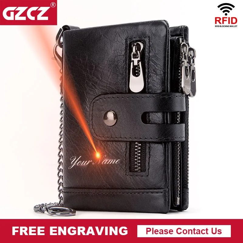 GZCZ Rfid en cuir véritable hommes portefeuille porte-monnaie petit Mini porte-carte chaîne PORTEFEUILLE Portomonee mâle Min Walet gravure gratuite