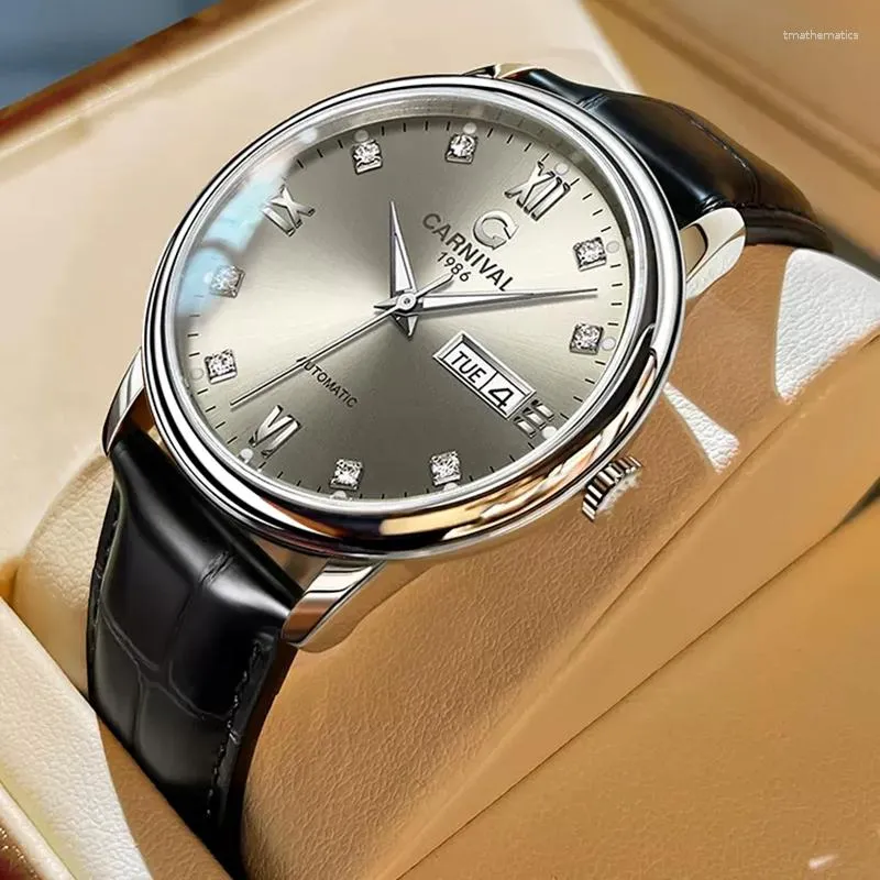Zegarki na rękę Karnawałowe męskie zegarki mechaniczne Top Business Automatyczny zegarek Wysokiej jakości skórzany wodoodporny szafirowy zegarek na rękę