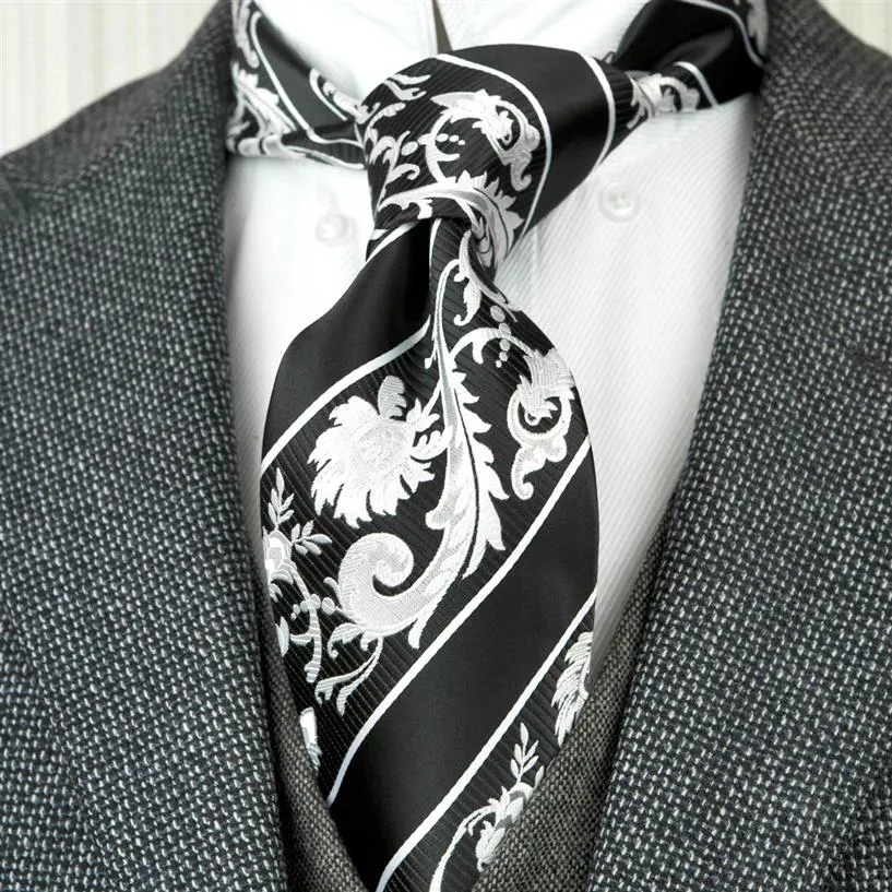 F30 Handgefertigte Herren-Krawatte mit schwarzen und weißen Streifen, Blumenmuster, 100 % Seide, Jacquard, gewebt, für Business, formelle Mode, Anzug, Geschenk für Männer, 242 g