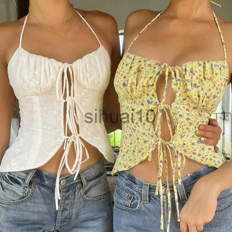 DIY Tanks Camis Boho Vintage Floral Print Camisole Y2K Aesthetic Fairycore Hollow Out Lace Up Backless Halter Crop Top Women Summer Beach Vest J230706