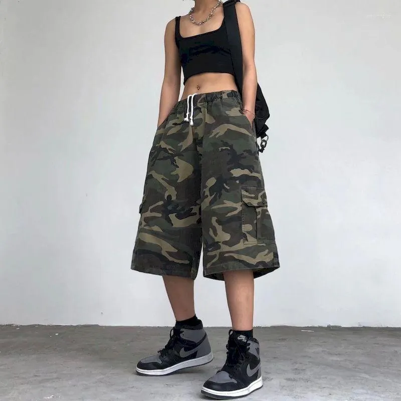 Men's Pants Foufurieux Loose Neutral Wide Leg Half Camouflage Men Summer American Street Casual A-Line Elastic Waistband Shorts Female