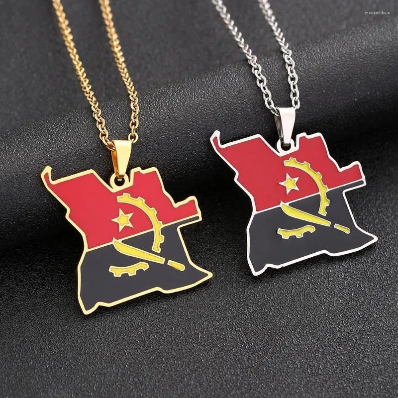 Pendant Necklaces Angola Map Flag Necklace For Women Men Silver Gold Color Drop Oil Stainless Steel Chain Jewerly Gift