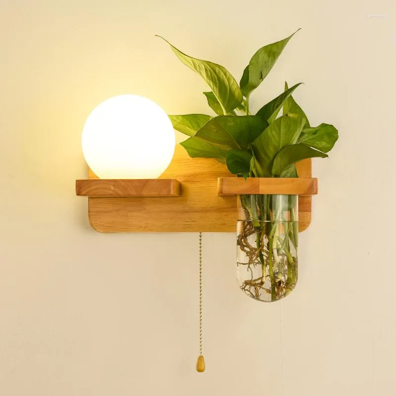 Lampada da parete Log Plant Interruttore a tirante nordico Soggiorno per interni Corridoio Decorazione Moderna camera da letto in legno Lampada da comodino Night Sconce