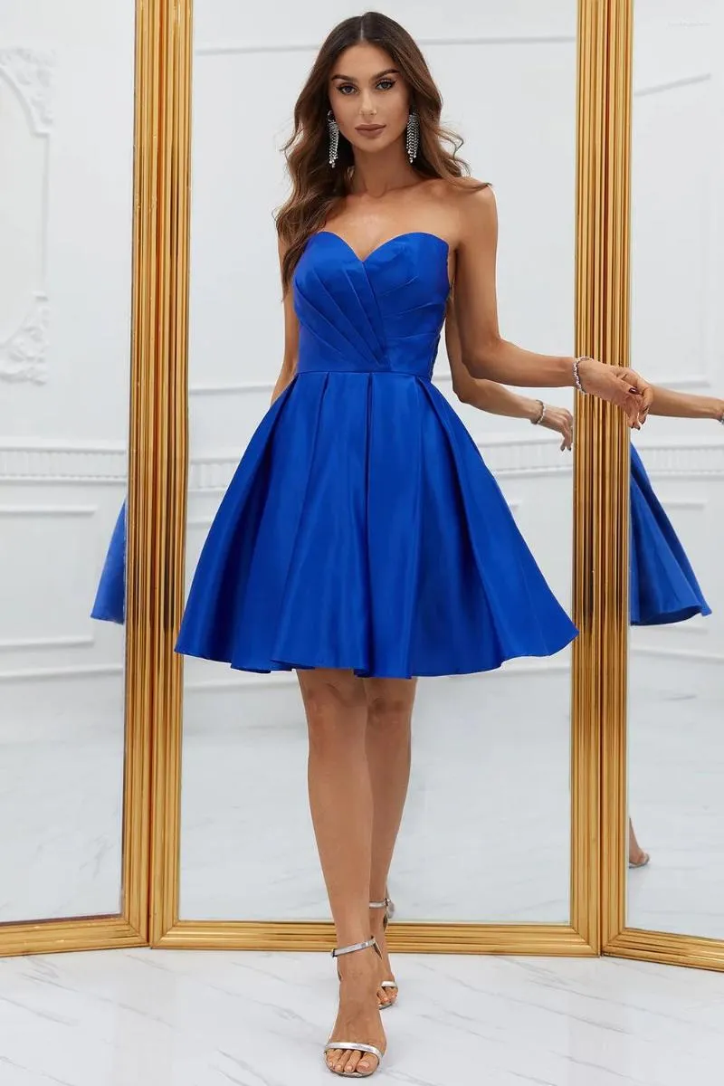 Party Dresses Women's Royal Blue Satin Homecoming For Teens 2023 Sweetheart A-Line Short Prom Dress With Pleated Robes De Cocktail