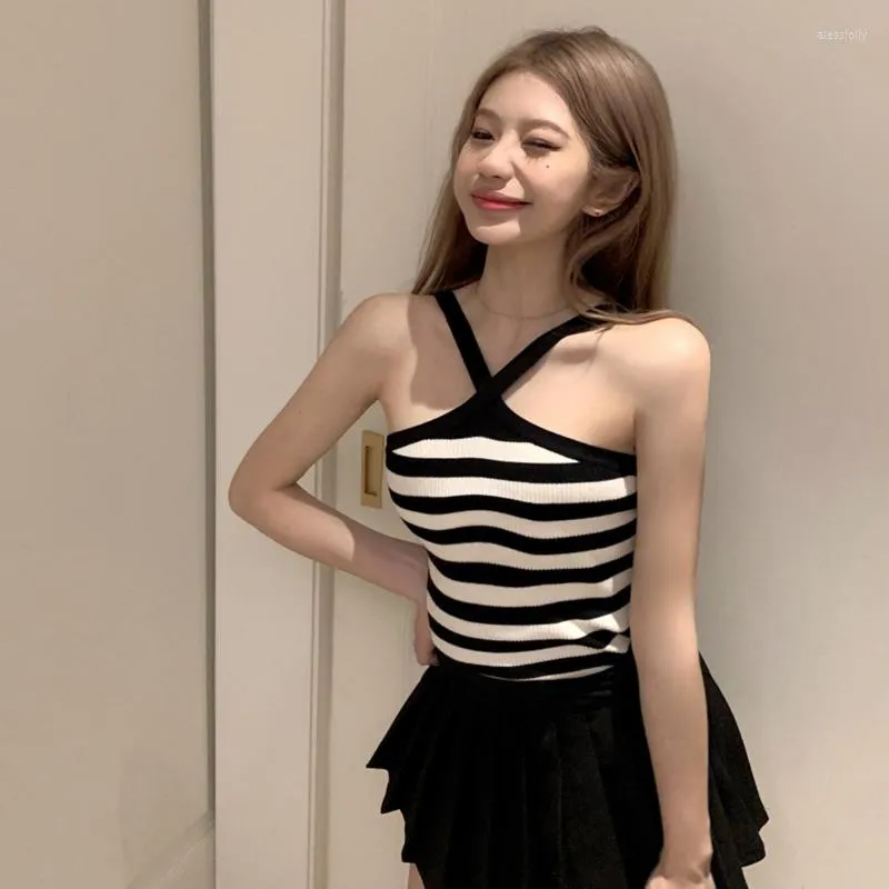 Damlinnen Sommartröjor Mode Sexig För Smal Koreansk Mångsidig Version Dam Camisole Stripe