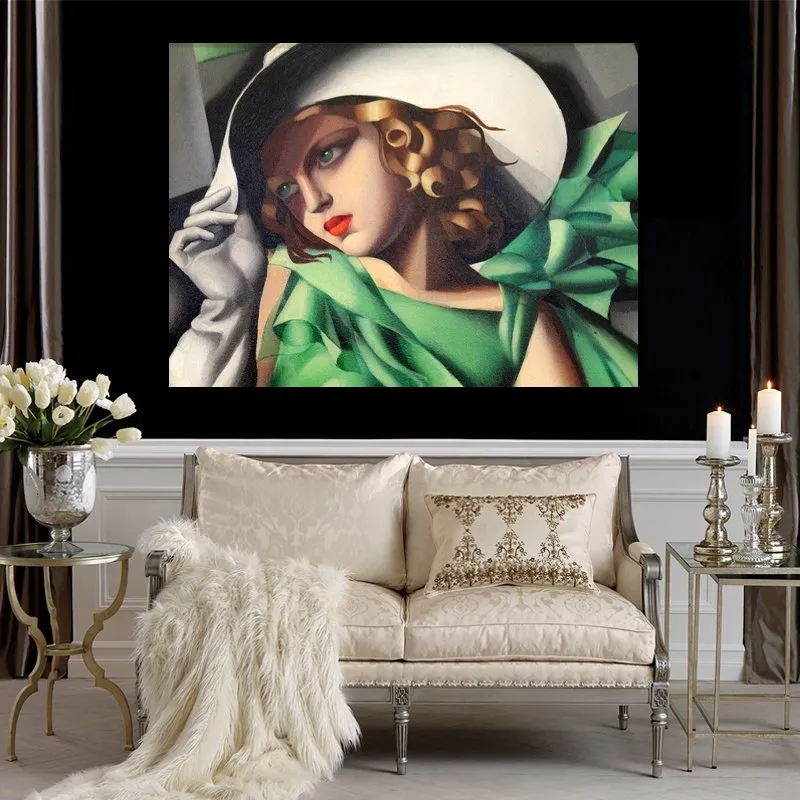 Ragazza fatta a mano in dettagli verdi Tamara De Lempicka Dipinto su tela Ritratto moderno Opera d'arte Arredamento camera da letto
