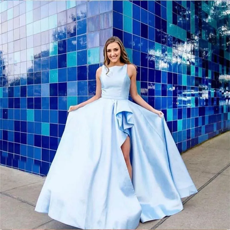 Robes de soirée Robe de soirée en satin sans manches pour femme Bleu ciel avec fente à clip sur le devant Longueur au sol Graduation du lycée Bal