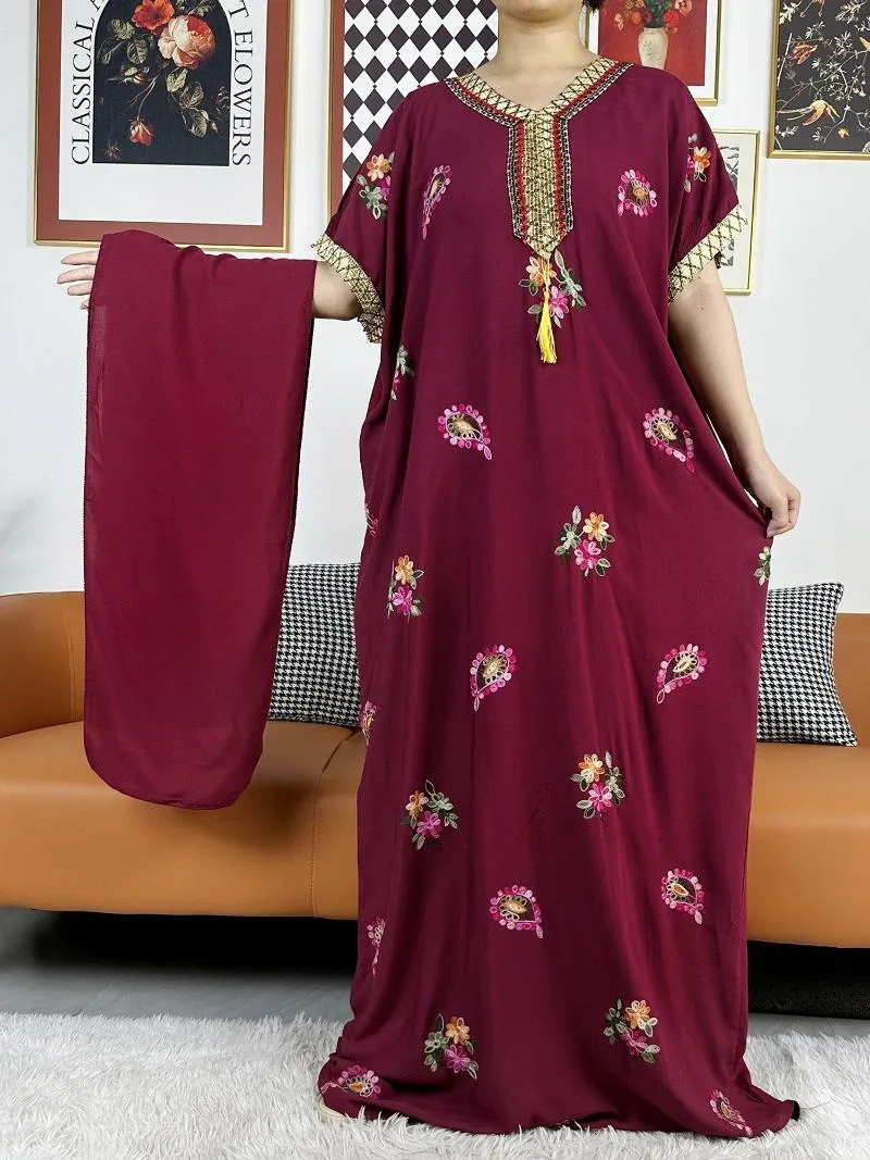 Estilo de roupa étnica muçulmana verão manga curta vestido sólido bordado floral boubou maxi islã roupas africanas abaya