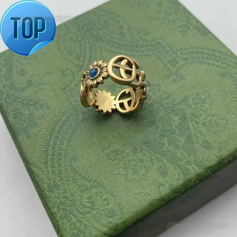 2023 NEW Designer Ring Golden Flower Pattern Love Luxury Rings Blue Diamond Fashion Womens Jewelry Men Shining Ggity Letter with Box