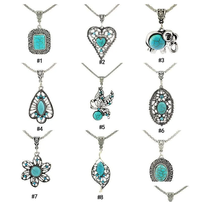 Pendentif Colliers Vintage Turquoise Carré Éléphant Coeur Feuilles Fleur Pierre Naturelle Longues Chaînes Pour Femmes Mode Bijoux Cadeau Dro Dh5Dv