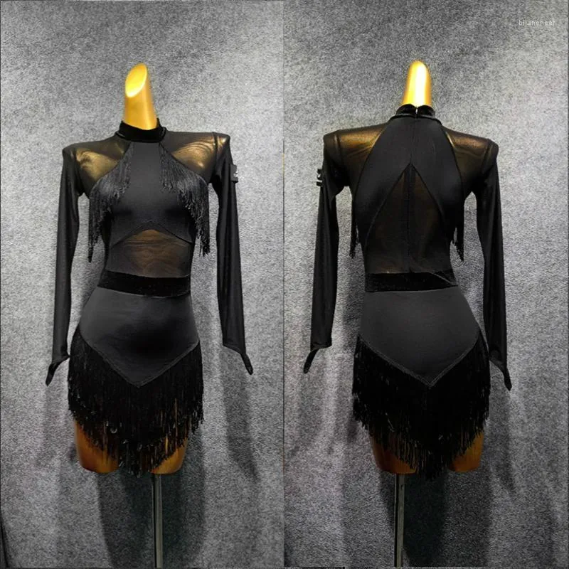 Stage Wear Sexy Latin Dance Dress With Tassel Long Sleeve See Through Dresses Fringed Black Skirt Latina Competition