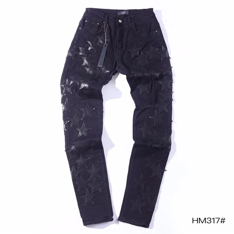 FALECTION MENS 21SS AMIMIKE JEANS DISTRESSED black LEATHER STARS PATCH RIPPED DENIM pants290f