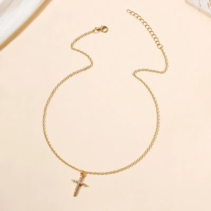 Chains Christian Little Corss Charm Crsytal Necklace Women Girls Gold Plated O Chain Choker Collar Jewelry Simple Fashion Design