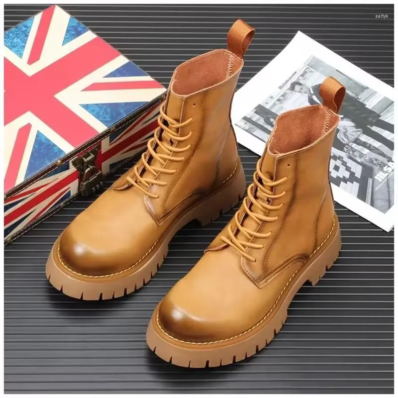 Botas Estilo Inglaterra Homens Sapatos De Couro Genuíno Com Cadarço Vestido Festa Boate Cowboy Bota Plataforma Alta Moto Botas Zapatos