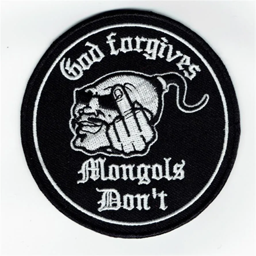 Nowy bóg wybacza mongołom nie klub motocyklowy Biker haftowana naszywka żelazko na odzież przednia kurtka kamizelka Rider Patch 3 5quo279O