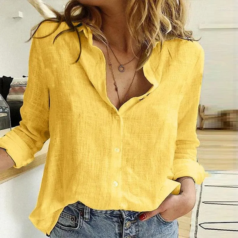 Chemisiers pour femmes loisirs blanc jaune chemises bouton revers Cardigan haut dame ample à manches longues chemise surdimensionnée femmes automne dames