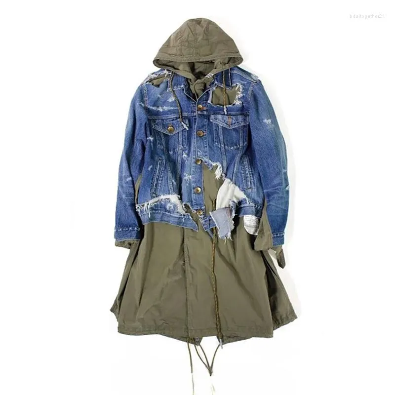 Jaquetas masculinas Primavera e outono Designer Destroyed Denim Costura Exército Verde Vento Casaco Feminino Mesma Personalidade Tendência