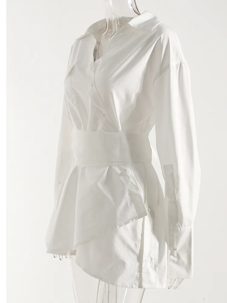 EAM Womens White Casual Bandage Shirt Dress Irregular Hem, V Neck, Long  Sleeve, Loose Fit For Spring And Autumn From Bai04, $22.48 In Bulk |  DHgate.Com