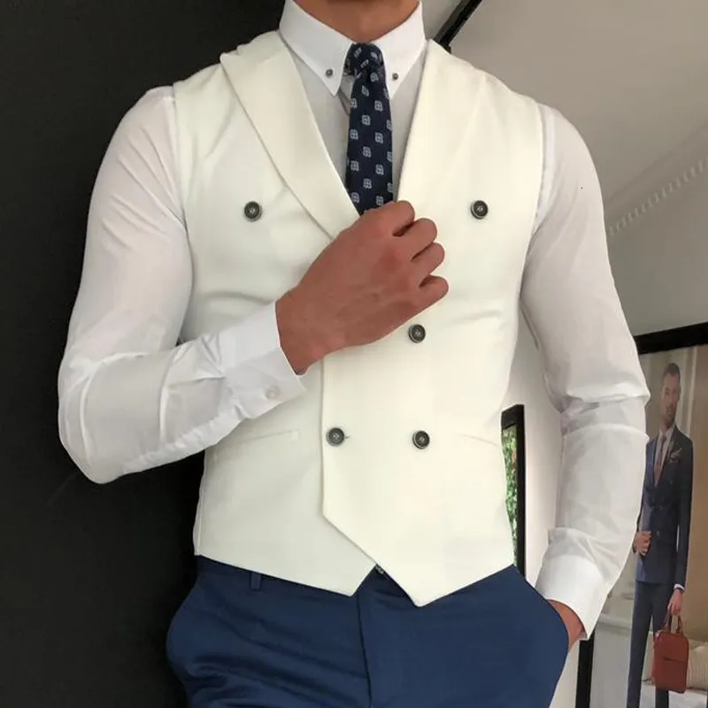 Kamizelki męskie biały Slim Fit kamizelka męska z podwójnymi piersiami niestandardowy męski garnitur Wasitcoat ed Lapel Wedding Gromsmen talia płaszcz 230705