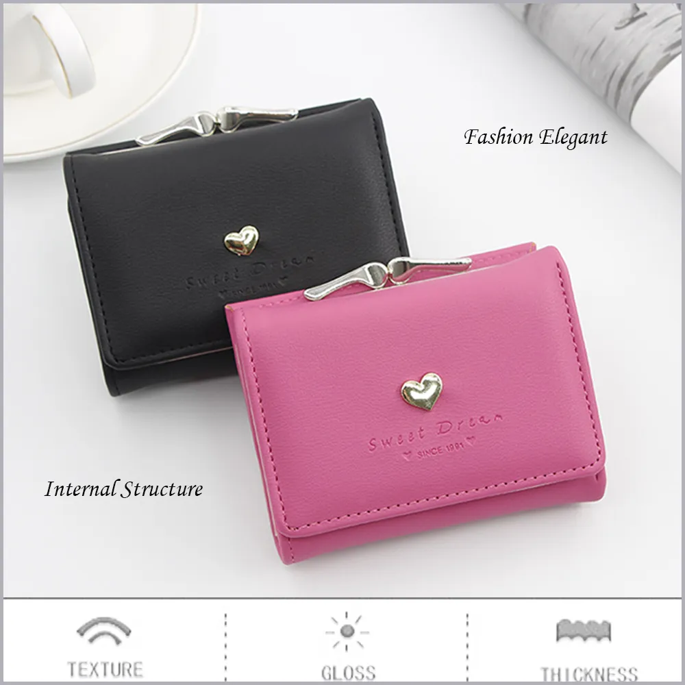 Nouvelle femme portefeuille pliable mignon couleur bonbon en cuir Pu court portefeuille coeur moraillon porte-monnaie dames filles porte-carte pochette