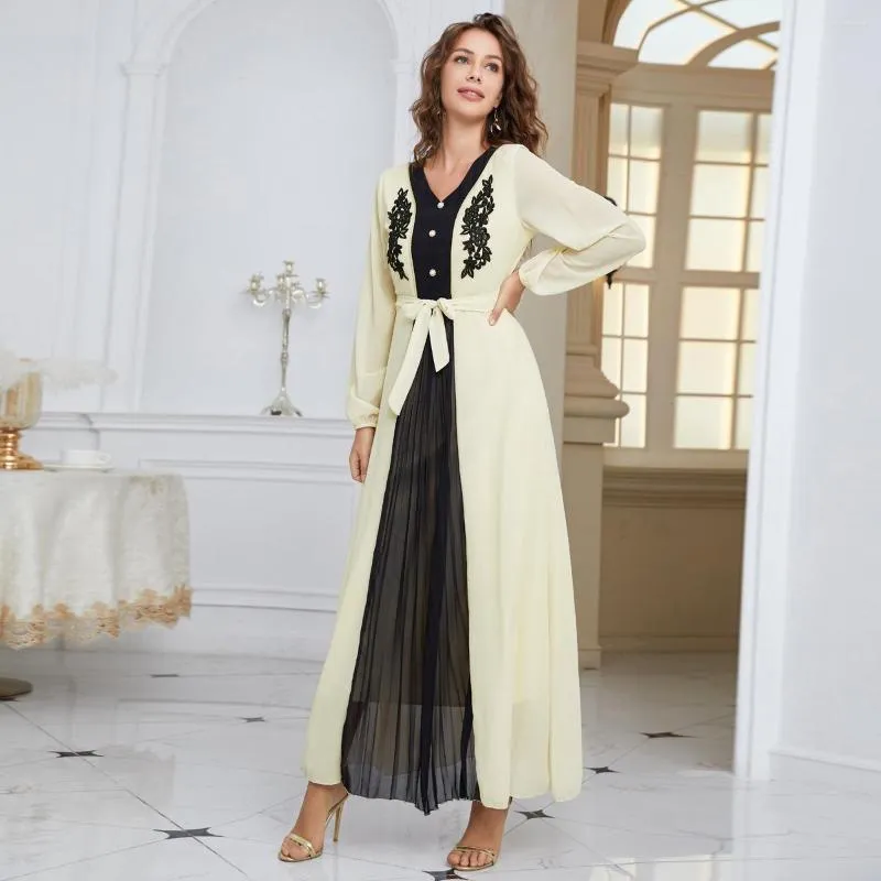 Ethnic Clothing Women Eid Muslim Long Sleeve Maxi Dress Lace Stitching Islamic Middle East Dubai Robe Belted Abaya Kaftan Caftan Elegant