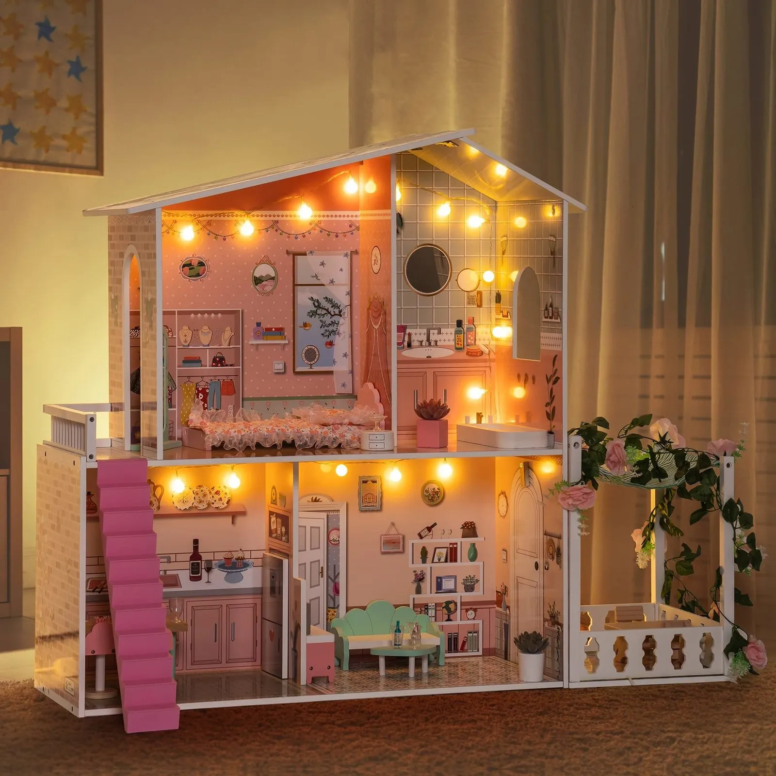 Poppenhuis Accessoires Robud Houten Poppenhuis Dreamhouse voor Kinderen Peuter met Licht 25 STUKS Geschikt voor 13 Inch Poppen Cadeau Cadeau Meisje 3 230705