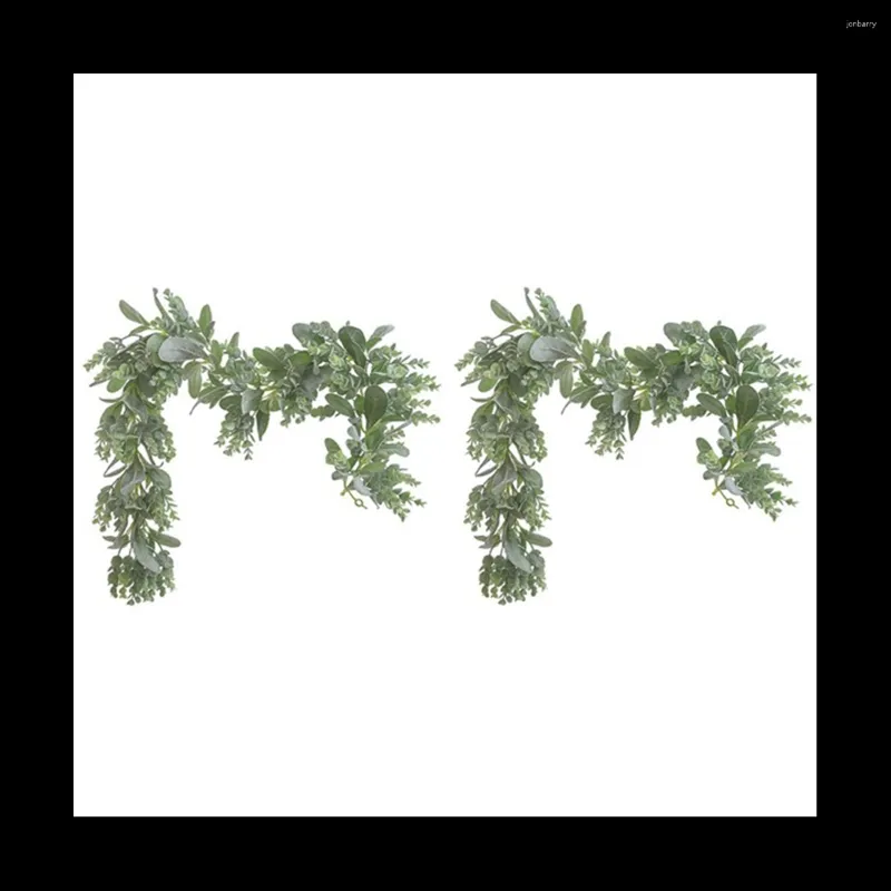 Decorative Flowers 2Pc Lambs Ear Garland Greenery And Eucalyptus Vine / 38 Inches Long/Light Colored Flocked Leaves/Soft Drapey