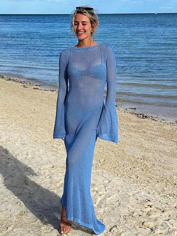 Vestidos casuais 2023 sexy transparente sem costas praia férias vestido de proteção solar feminino verão malha manga longa maxi a2420