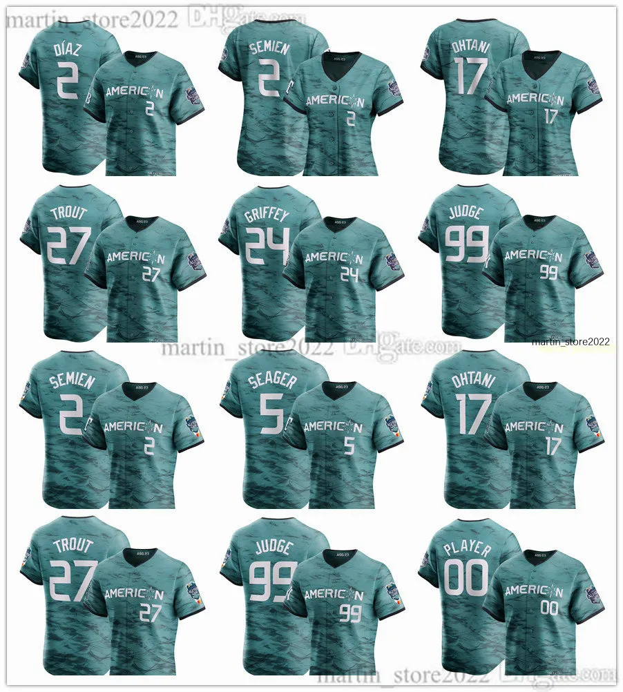 2023 All-Star Baseball Jerseys 58 Luis Castillo 2 Yandy Diaz 56 Randy Arozarena 18 Shane McClanahan 27 Mike Trout 17 Shohei Ohtani 99 Aaron Judge 45 Gerrit Cole Stitched