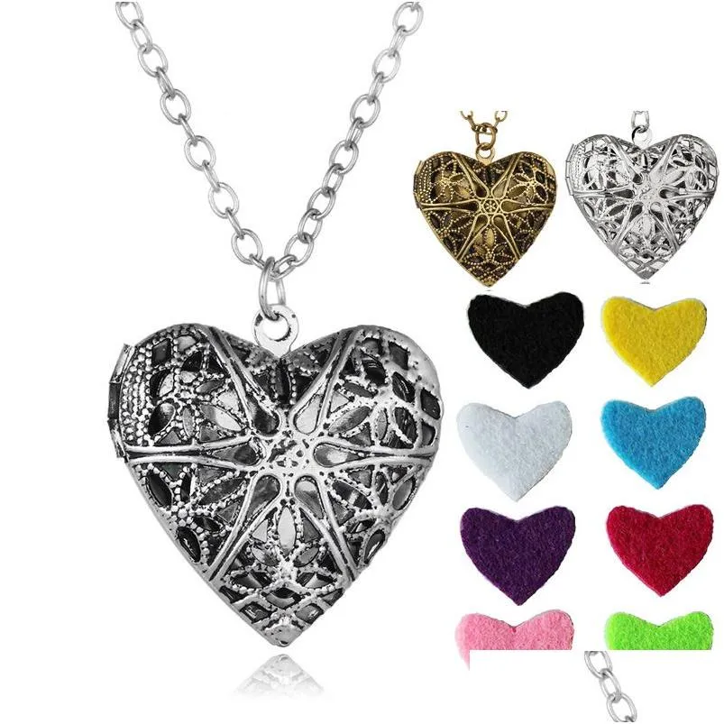 Pendant Necklaces Heart Shaped Essential Oil Diffuser Vintage Hollow Floating Aromatherapy Locket Long Chain For Women Fashion Jewel Dhsu8