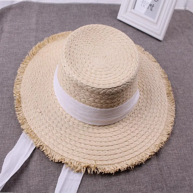 Brede Rand Hoeden Groothandel Zomer Wit Lint Stro Voor Vrouwen Flat Top Fedora Strand Zonnehoed UPF 50