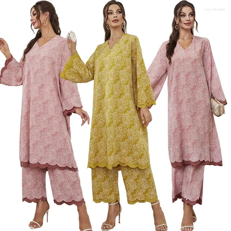 Etnische Kleding Ramadan Eid Mubarak Moslim Set Gedrukt Abaya Blouse Vrouwen Musulman Kaftan Jurk Dubai Turkije 2 Stuks Tops Broek islamitische