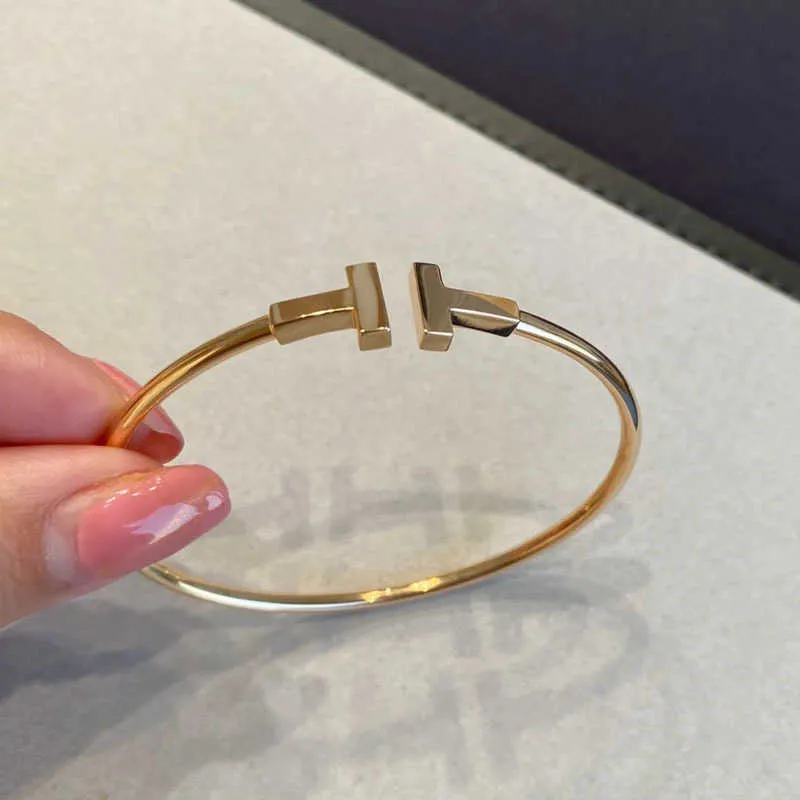 S925 Sterling Silver Tiffany Style Double Glossy 18K Rose Gold Open Bracelet for Women