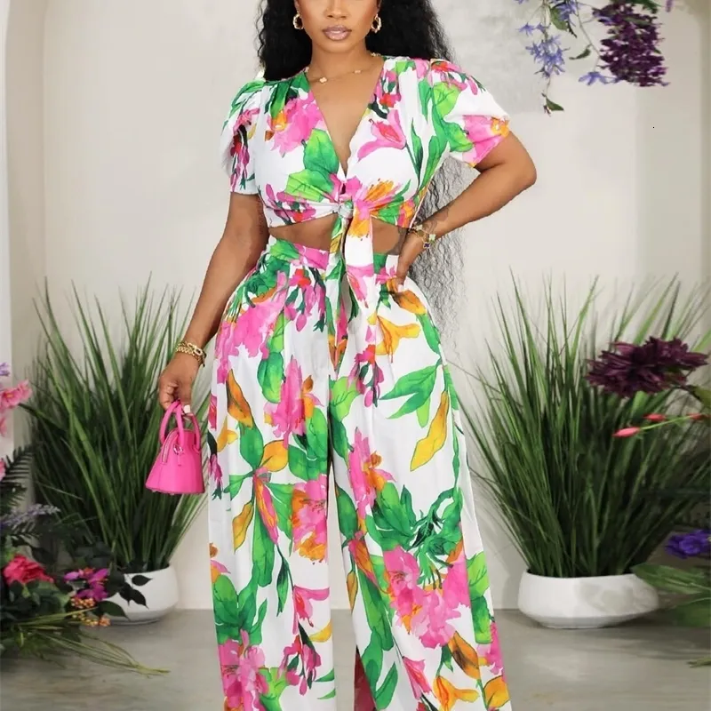 Women s Two Piece Pants CM YAYA Floral Printed Set Short Sleeve Tie Up Shirt and Wide Leg Loose 2023 Chic 2 Outfit Tracksuit 230705