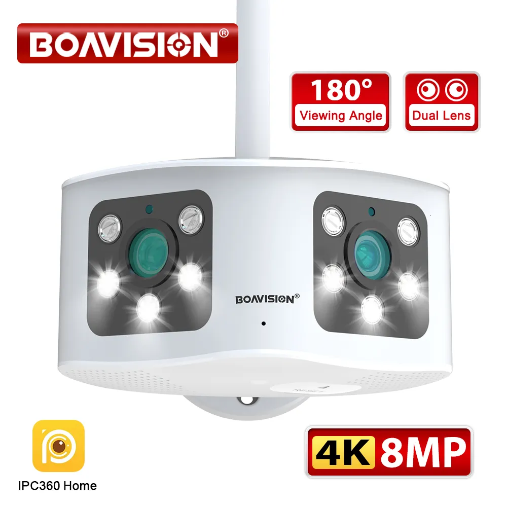 IP-kameror BOAVISION HD 4K 8MP WIFI Dubbla objektiv Panoramisk fast kamera 180° vid betraktningsvinkel utomhus 6MP AI Människoavkänning Säkerhetskamera 230706