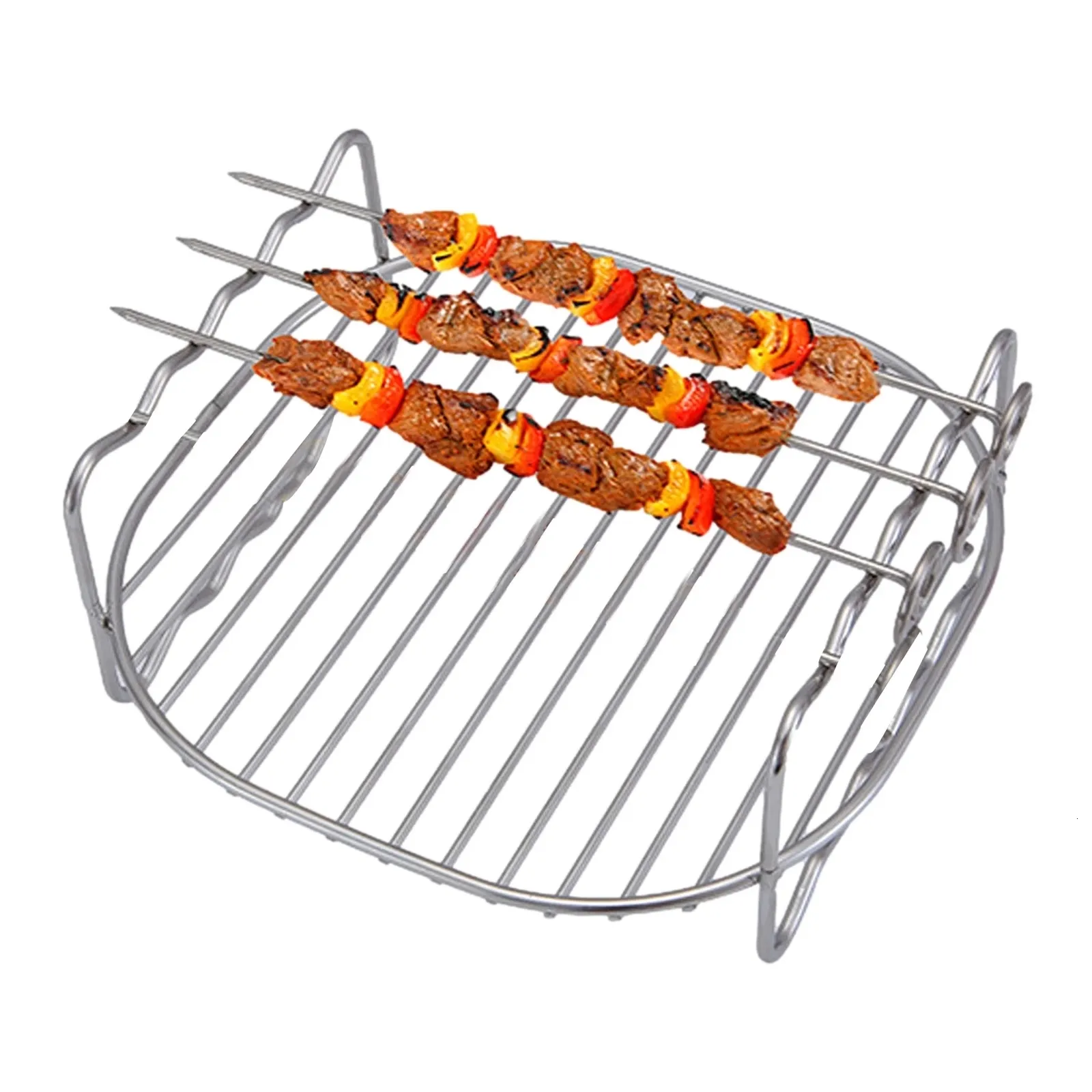 Griglie per barbecue Airfryer in acciaio inossidabile Rack a doppio strato Griglia per arrosti rotonda versatile con spiedini Teglia AirFryers Holder 230706