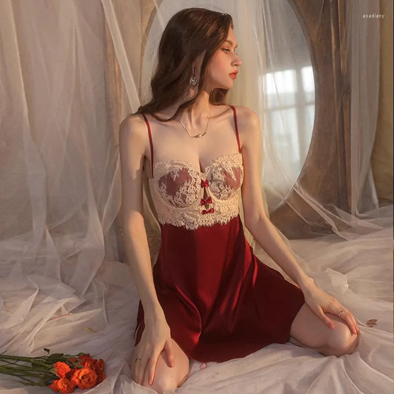 French Style Ice Silk Nightdress With Side Split, Embroidery, Lace