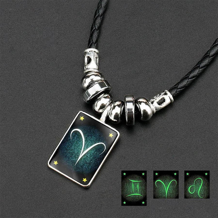 Pendant Necklaces Luminous 12 Zodiac Sign Glow In The Dark Constellation Obsidian Leather Rope Chains For Women Men Fashion Jewelry Dhuca