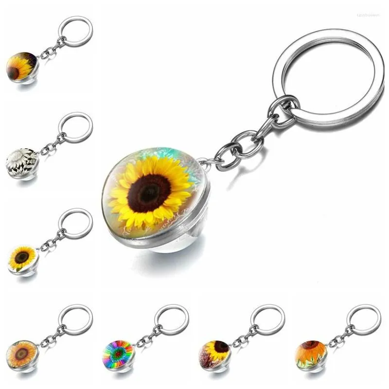 Keychains Accessories Sunflower Time Gem Key Chain Pendant Jewelry Double-sided Glass Ball Ring