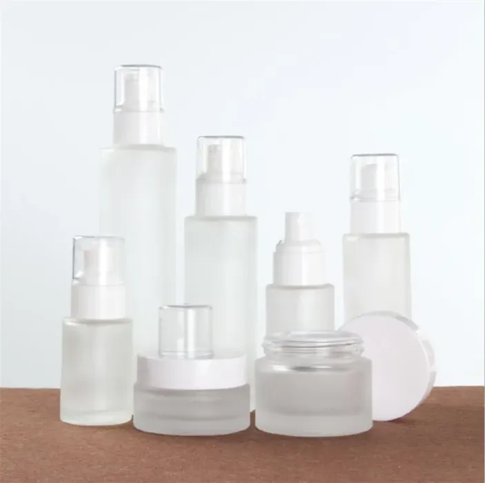 Frosted Glass Pump Bottle Refillable Cream Jar Lotion Spray Cosmetics Sample Storage Containers 30ml 40ml 50ml 60ml 80ml 100ml