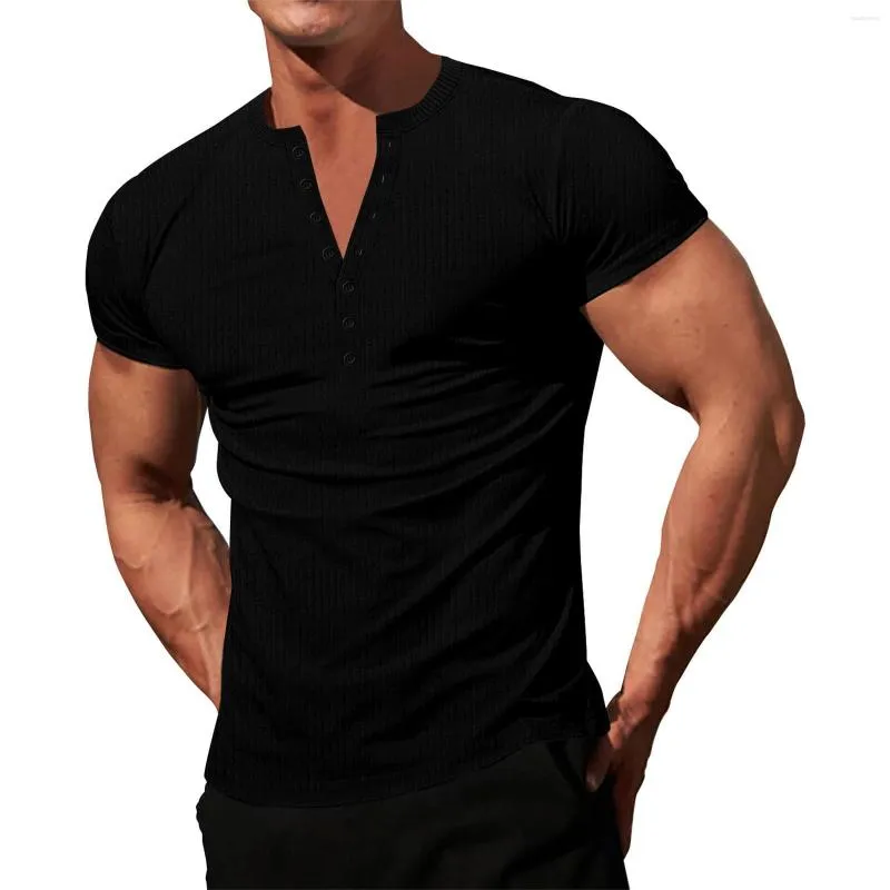 T-shirts pour hommes pour hommes en tricot stretch Henley chemise d'entraînement coupe ajustée à manches courtes t-shirts athlétique Muscle décontracté