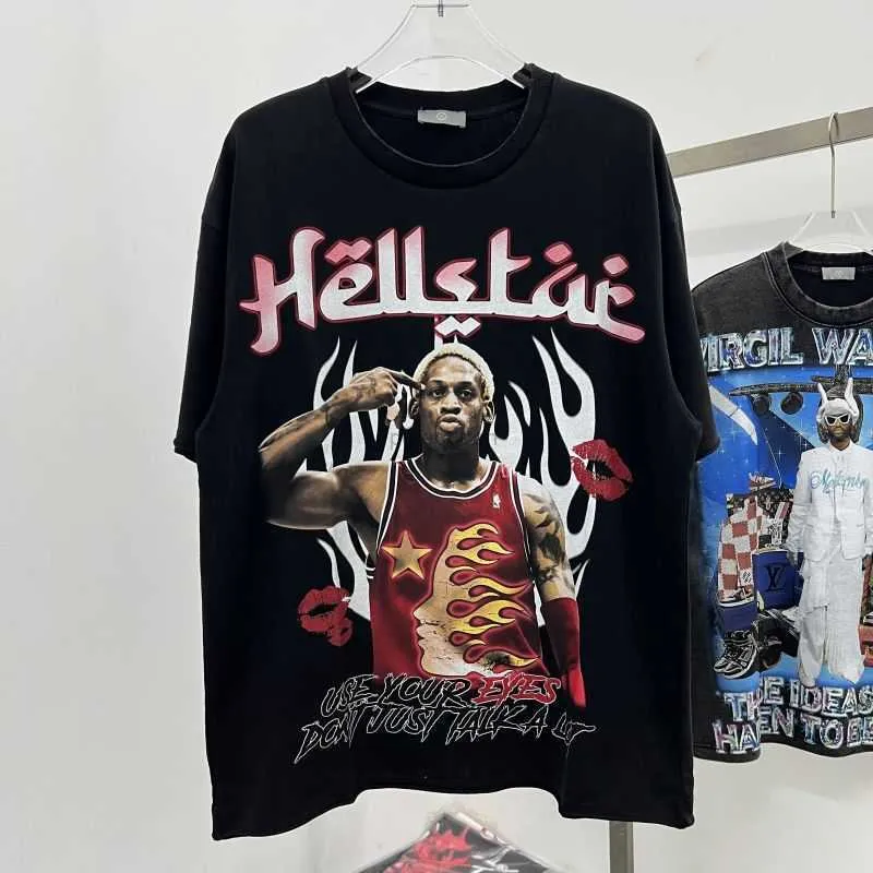 Designer Fashion Clothing Tees Tshirts Hellstar American Summer Fashion Brand Rodman Big Bug Print Wash Old Short Sleeve T-shirt Rock Hip hop